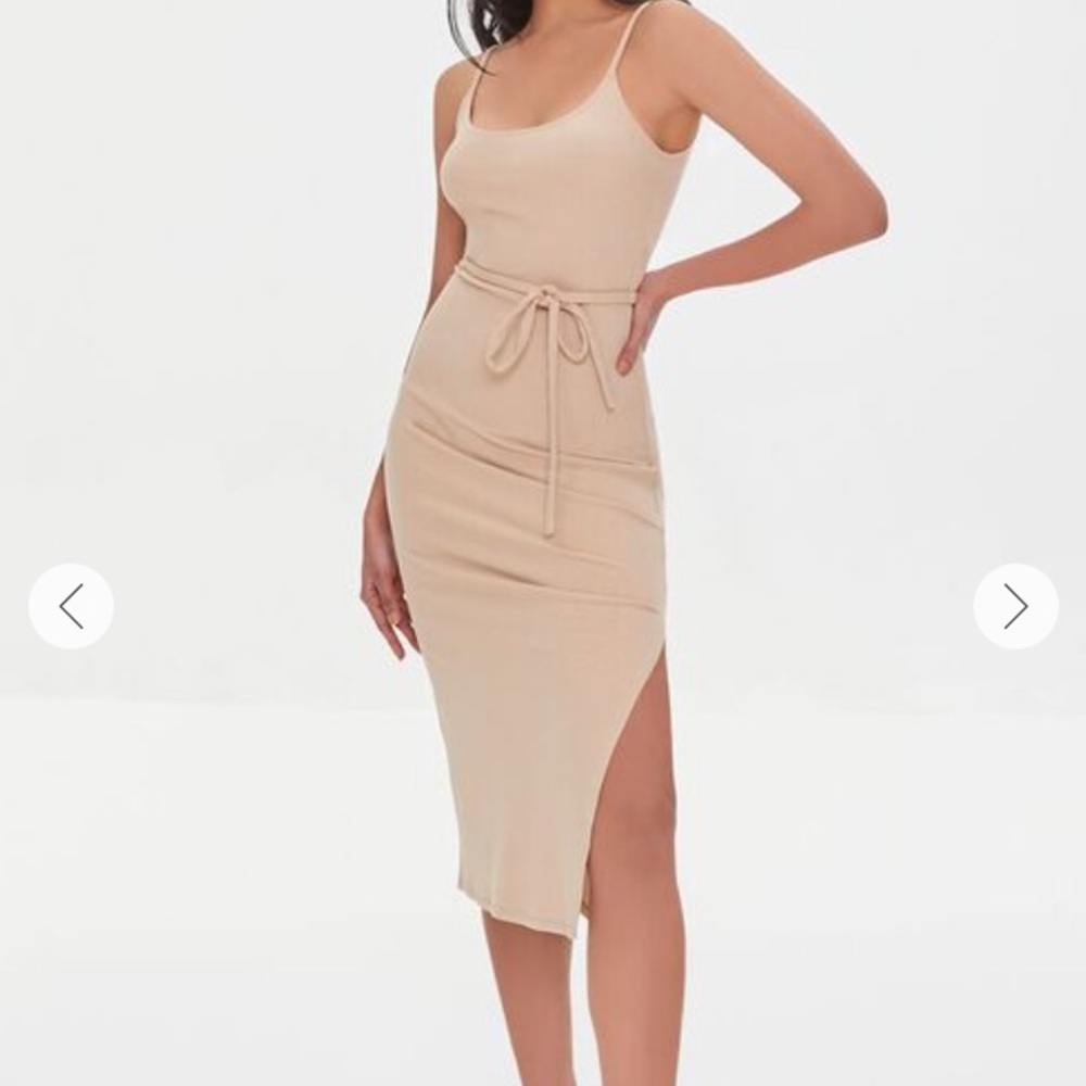 Nude bodycon ribbed midi dress with slit on the side